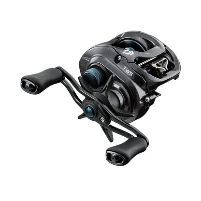 The Daiwa Tatula CT 7.3:1 Casting Reel | TTUCT100HS is a sleek, black and silver reel featuring dual handles, visible tension knobs, the "TWS" logo, and the Magforce System—ideal for anglers seeking precision and style.