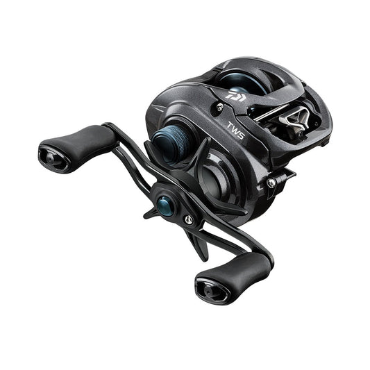 The Daiwa Tatula CT 7.3:1 Casting Reel | TTUCT100HS is a sleek, black and silver reel featuring dual handles, visible tension knobs, the "TWS" logo, and the Magforce System—ideal for anglers seeking precision and style.