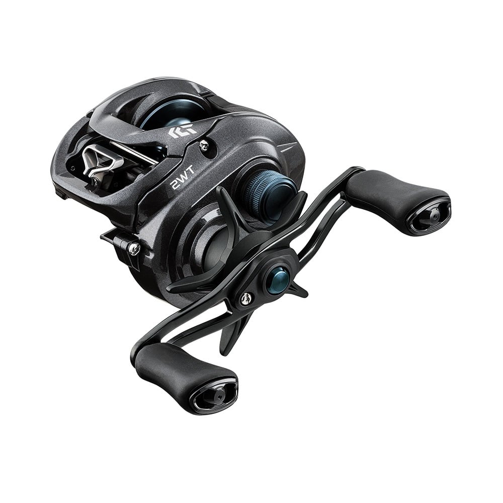 The Daiwa Tatula CT 6.3:1 Left Hand Casting Reel (TTUCT100HL) features a sleek black design with ergonomic dual handles, durable metal components, and visible branding. Enhanced with the T-Wing System and Magforce magnetic casting, it offers precision and style.