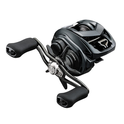 The Daiwa Tatula SV 70 Casting Reel, TTUSV70H, features a sleek black design with a dual handle and the advanced T-Wing System. Its modern, angular body and ergonomic rubber grips offer comfort, making it ideal for avid anglers.