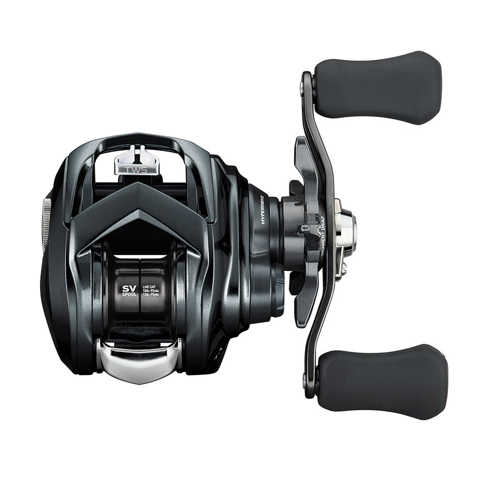 The Daiwa Tatula SV 70 Casting Reel 6.3:1 Right Hand (TTUSV70) features dual handles, a sleek black design with a shiny metallic finish, intricate engravings, and the innovative T-Wing System, making it perfect for fishing enthusiasts.