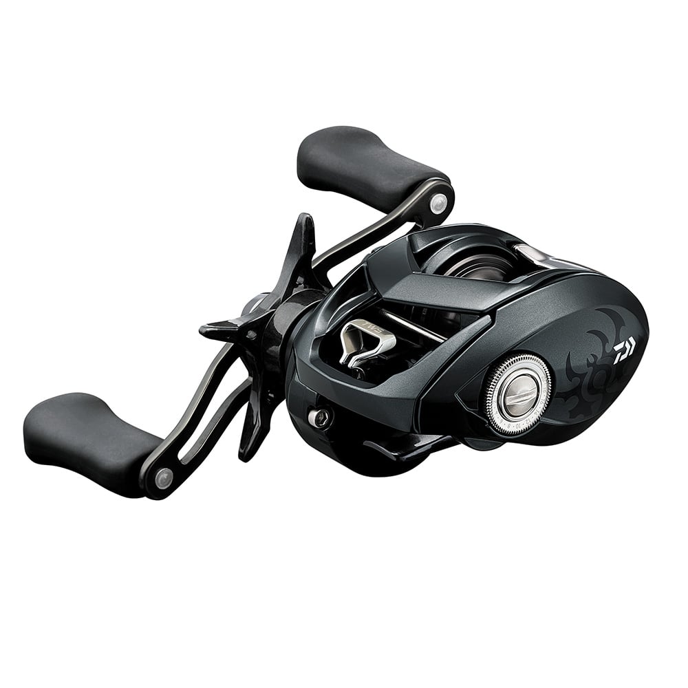 The Daiwa Tatula SV 70 Casting Reel features a black and silver finish, two ergonomic handles, a compact design, a decorative side pattern, and the innovative T-Wing System for enhanced line control and smoother casts. Model: TTUSV70H, 7.1:1 gear ratio, Right Hand.