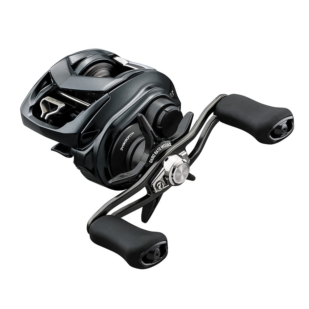 The Daiwa Tatula SV 70 Casting Reel 6.3:1 Left Hand | TTUSV70L is a modern, black reel with ergonomic handles, metallic finish, intricate details, and text markings. It features Hyper Drive Design, emphasizing premium build quality for fishing enthusiasts.