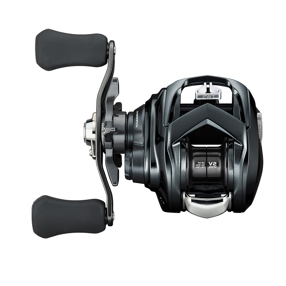 The Daiwa Tatula SV 70 Casting Reel, model TTUSV70L, is a sleek black baitcasting reel featuring ergonomic handles and Hyper Drive Design. Its visible gear system, labeled "SV BOOST V2," offers a modern look, ideal for precision fishing.