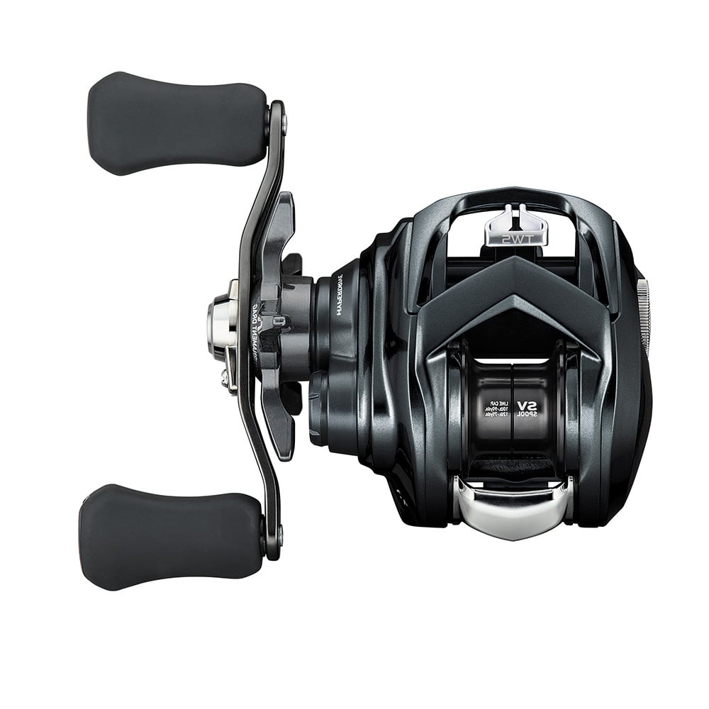 Close-up of the Daiwa Tatula SV 70 Casting Reel 8.1:1 Left Hand | TTUSV70XHL, featuring a sleek black design with two ergonomic handles, visible branding, and smooth finish. Equipped with Hyper Drive Design for optimal performance and various dials for adjustments.