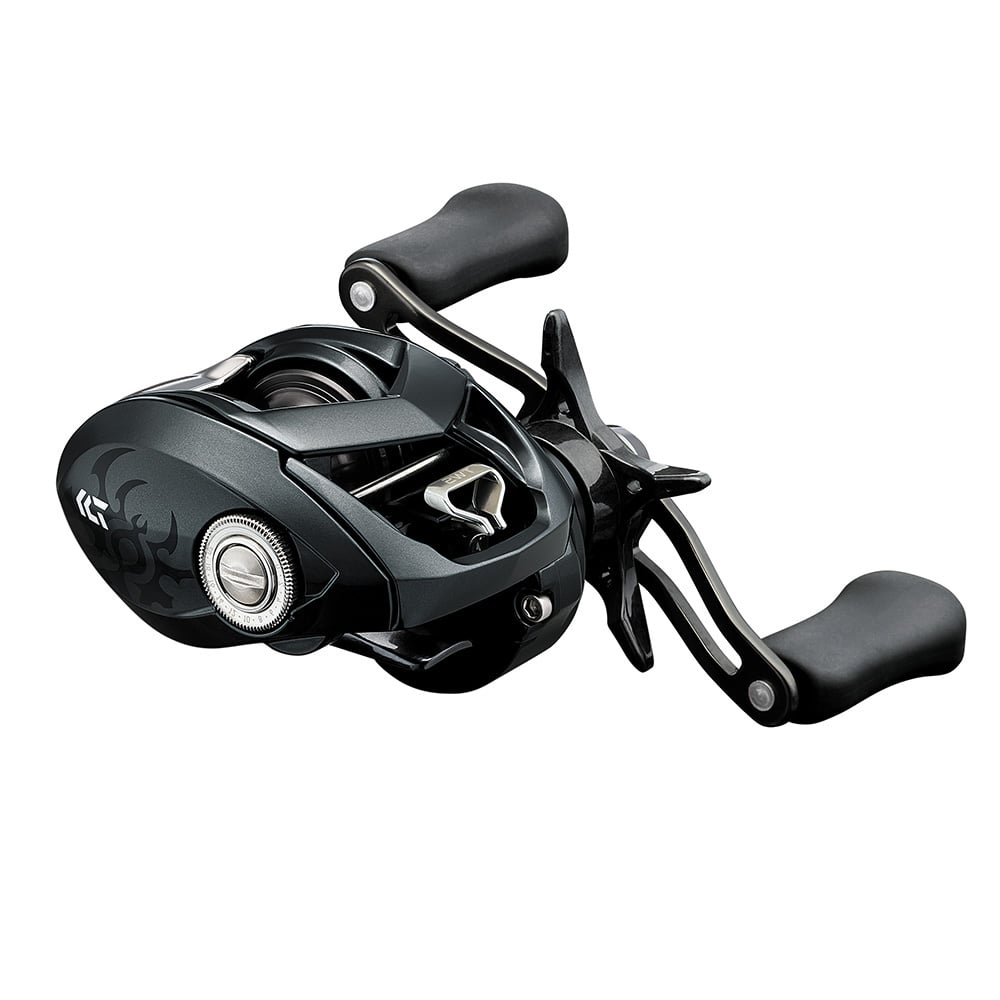 The Daiwa Tatula SV 70 Casting Reel 6.3:1 Left Hand | TTUSV70L features ergonomic handles, a sleek design with Hyper Drive Design for improved performance, a visible drag adjustment knob, and subtle graphic accents on one side for a modern look.