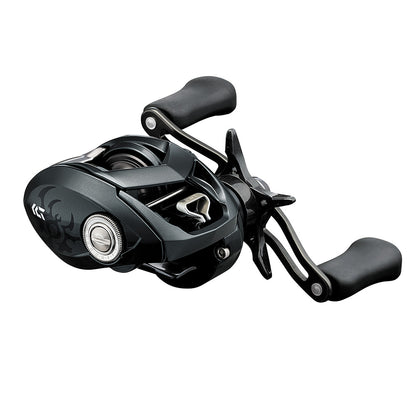 The Daiwa Tatula SV 70 Casting Reel 8.1:1 Left Hand features ergonomic handles, a sleek black design with a visible spool and silver logo. Its Hyper Drive Design ensures precise casting accuracy, ideal for left-hand use, combining compactness with modern aesthetics.