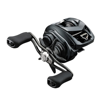 Close-up of the black Daiwa Tatula SV 70 Casting Reel (TTUSV70XH) with ergonomic grips and sleek design. It features Hyper Drive Design technology, a metallic finish, visible branding, and control knobs on a plain white background.