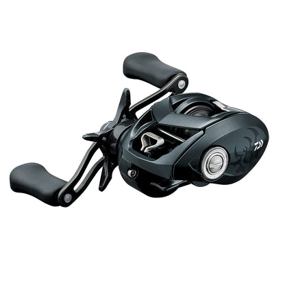 The Daiwa Tatula SV 70 Casting Reel 8.1:1 Right Hand (model TTUSV70XH) by Daiwa features a sleek black design with ergonomic handles and intricate detailing. Its compact build includes a polished surface and multiple adjustment knobs for precision, enhanced by the Hyper Drive Design.