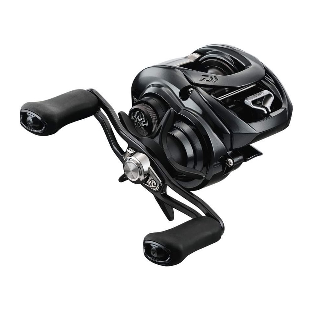 The Daiwa Tatula SV TW103 6.3:1 Casting Reel | TTUSV103H is a black, high-tech baitcasting reel featuring ergonomic handles, sleek design, detailed metal components, and Airbrake technology for precise fishing with a modern standout finish.