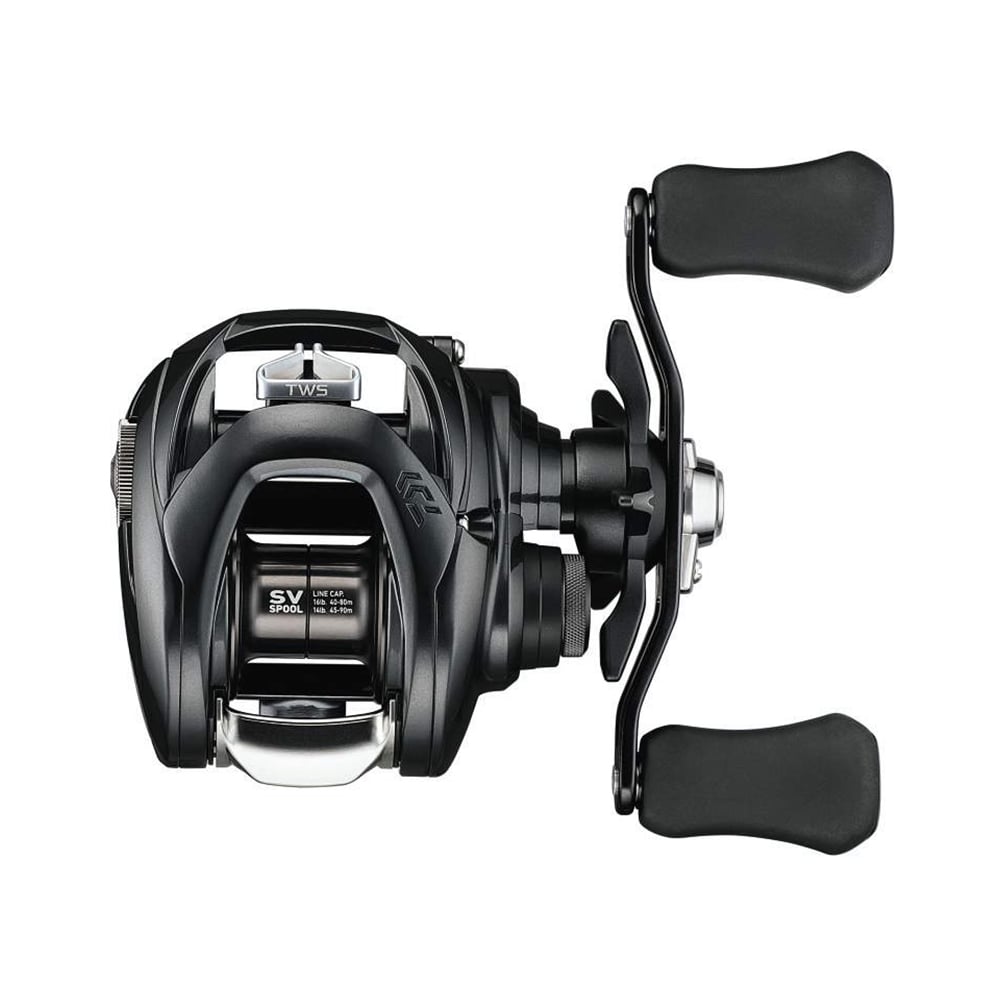 The Daiwa Tatula SV TW103 6.3:1 Casting Reel (TTUSV103H) by Daiwa is a sleek black and silver baitcasting reel with two ergonomic handles, visible branding, and a compact design featuring smooth lines, exposed components, and advanced Airbrake technology for precision casting.