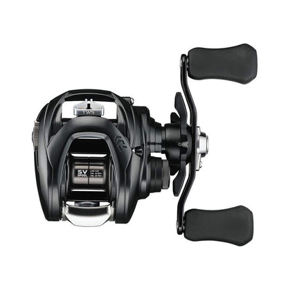 The Daiwa Tatula SV TW103 8.1:1 Casting Reel, model TTUSV103XS, is a black baitcasting reel with dual handles featuring "SV SPOOL" and "TWS." Its compact design includes Airbrake technology for precision fishing.