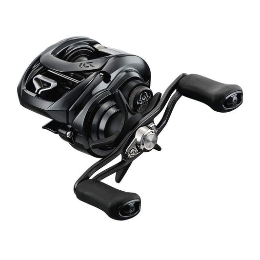 The Daiwa Tatula SV TW103 8.1:1 Left Hand Casting Reel (TTUSV103XSL) by Daiwa boasts a sleek black design with ergonomic handles, Airbrake technology, a metallic finish, and a compact structure.