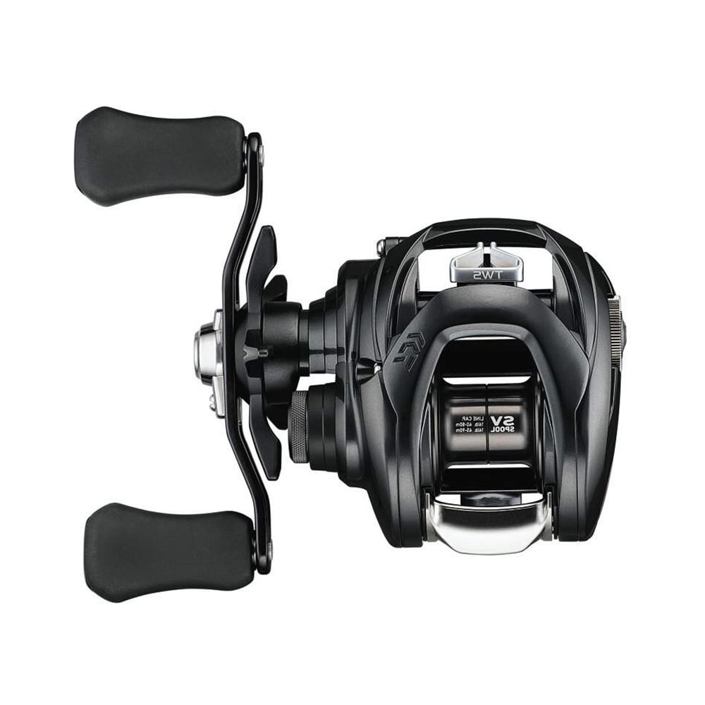 Overhead view of the Daiwa Tatula SV TW103 8.1:1 Left Hand Casting Reel with ergonomic grips and a compact design, featuring "SV Boost," 'TW' marking on top, and advanced Airbrake technology for enhanced casting performance.