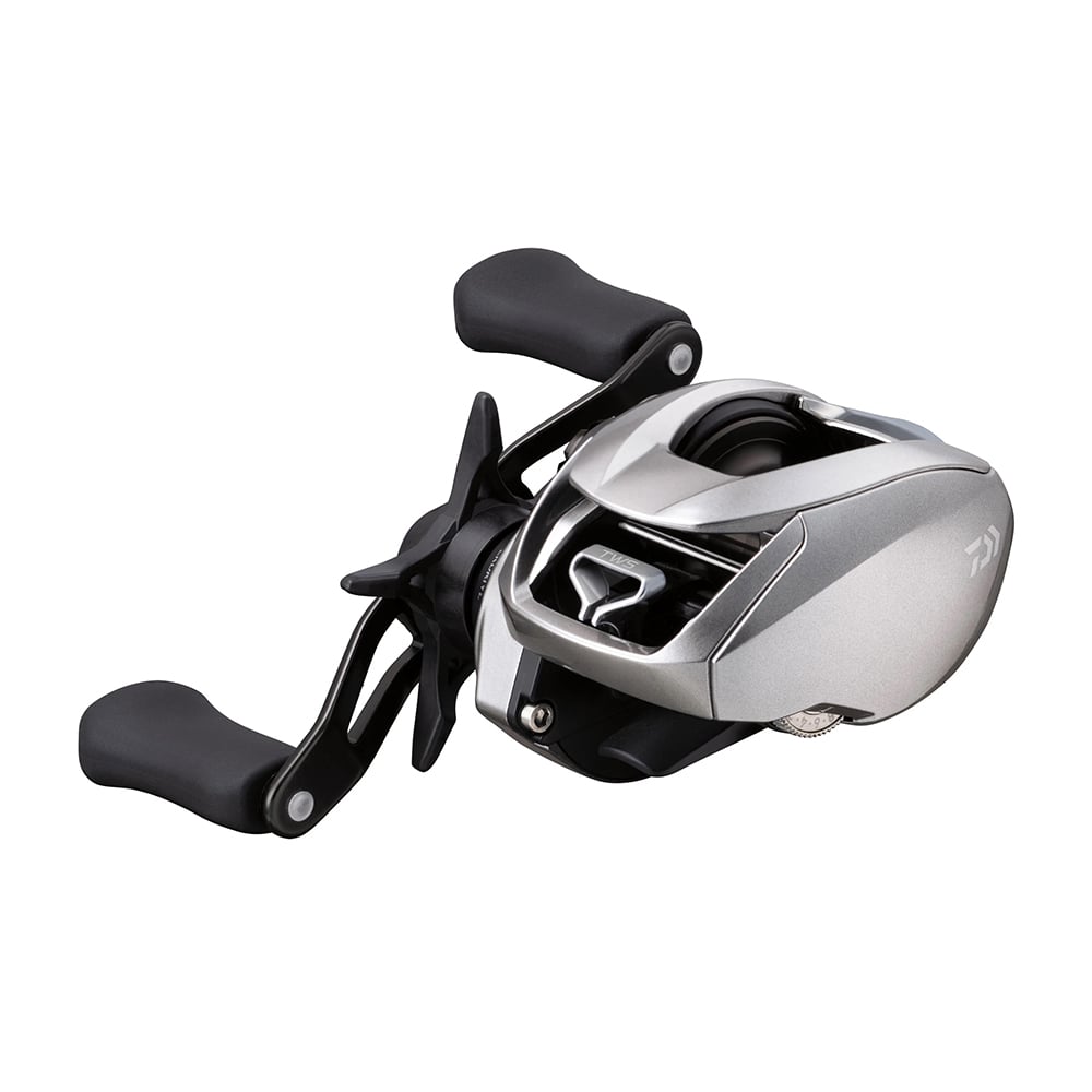 The Daiwa Zillion SV TW 2021 Casting Reel (ZLNSVG100) from Daiwa features a sleek silver and black design with dual handles. Its HYPER DRIVE DESIGN ensures precision casting, while the modern metallic frame with angular lines and visible spool enhances usability.