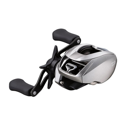 The Daiwa Zillion SV TW 2021 Casting Reel, model ZLNSVG100H, features a silver and black ergonomic design with a curvy shape enhanced by the SV BOOSTER SYSTEM, perfect for precision casting.