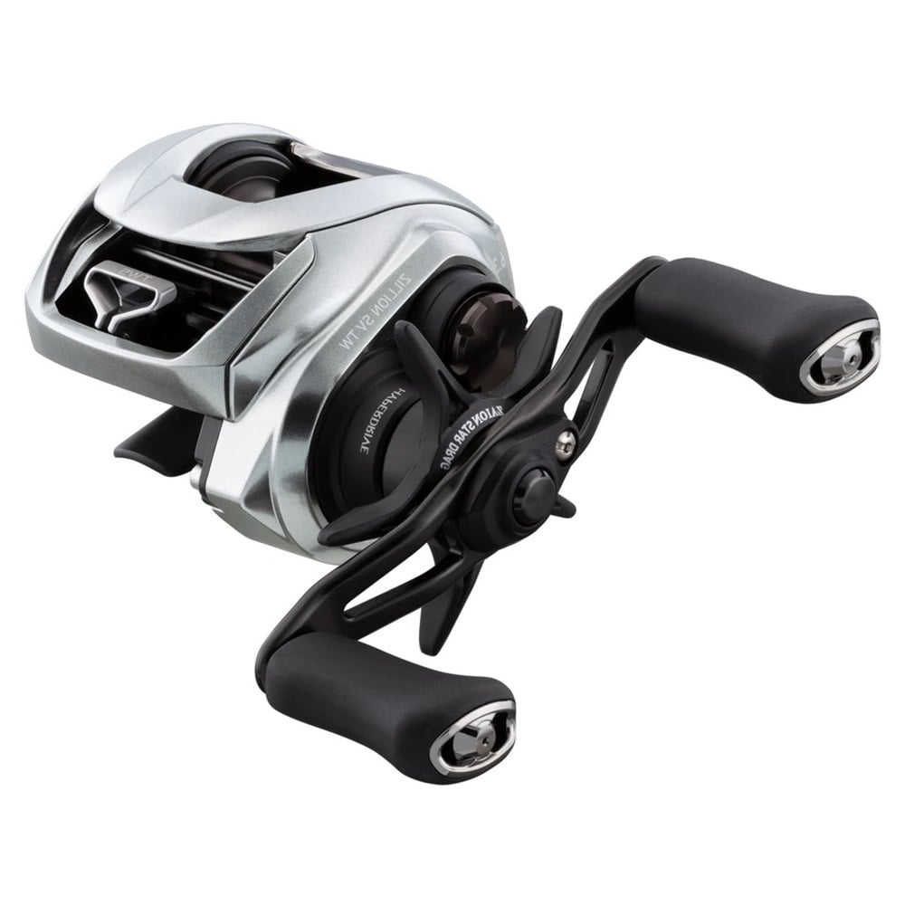 Close-up of a silver Daiwa Zillion SV TW 2021 Casting Reel Left Hand 7.1:1, featuring a sleek design, two black handles, and a metallic finish. It showcases the advanced HYPER DRIVE DESIGN, emphasizing its components and detailed craftsmanship.