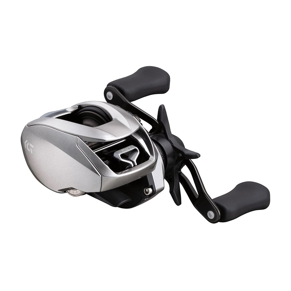 Introducing the Daiwa Zillion SV TW 2021 Casting Reel Left Hand 7.1:1, a sleek silver and black fishing reel featuring ergonomic handles, HYPER DRIVE DESIGN, and an SV BOOSTER SYSTEM for smooth baitcasting with a modern metallic finish.