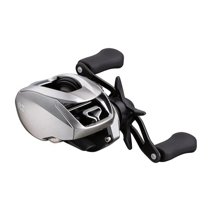 Introducing the Daiwa Zillion SV TW 2021 Casting Reel Left Hand 8.5:1 (ZLNSVG100XHL), a sleek silver and black baitcasting reel with dual ergonomic handles, compact design, and visible spool. Enhanced by the SV BOOSTER SYSTEM for optimal performance.