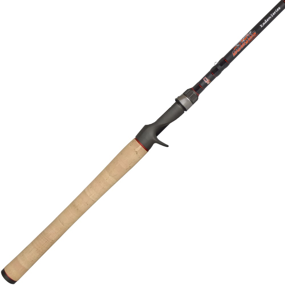 Discover the Dobyns Kaden Casting Rods 7'1" Medium Heavy | KD 713C by americanlegacyfishing, featuring a beige cork handle, black shaft with red and orange accents, high modulus graphite blanks for superior strength, and Fuji reel seats for smooth casting.