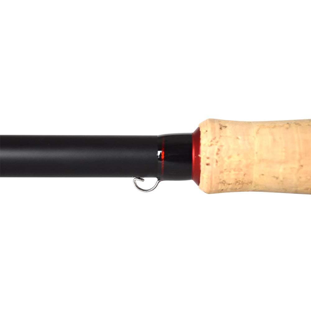 Close-up of an americanlegacyfishing Dobyns Kaden Spinning Rod 7'1" Medium (KD 713SF) handle with a cork grip and black body. A metal hook keeper adds convenience, while durable Fuji reel seats are on the right, and the rod extends elegantly to the left against a white background.