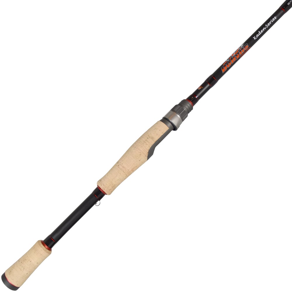 The Dobyns Kaden Spinning Rods 7'1" Medium Light (KD 712SF) from americanlegacyfishing features high modulus blanks, ergonomic cork grips with metallic accents, a lightweight design with sleek graphics for precision fishing, and Fuji reel seats. It is elegantly angled against a plain white background.