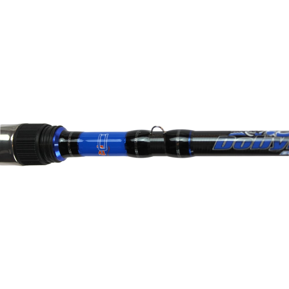 Close-up of a fishing rod, highlighting its handle and section of the rod. The handle is black with blue accents, and the rod features a black finish with "Doby" inscribed in blue and silver. This sleek, modern design is part of the Dobyns Maverick Series—an americanlegacyfishing medium heavy casting rod crafted for performance.