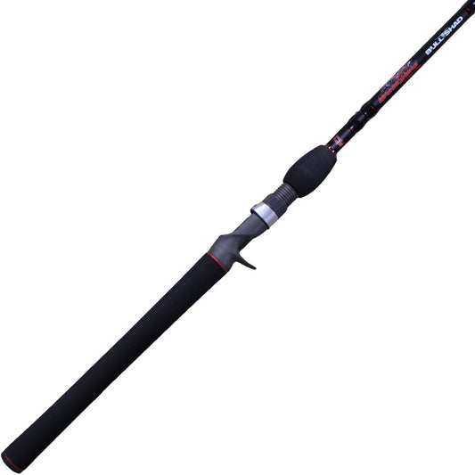 The Dobyns Mike Bucca Bull Shad Casting Rod 8'3" Mag Heavy (MB 836SB) features a sleek black design with red accents, a padded handle and reel seat for comfort, and an extended handle for enhanced grip, inspired by Mike Bucca’s Bull Shad. Perfect for long casting in fishing activities.