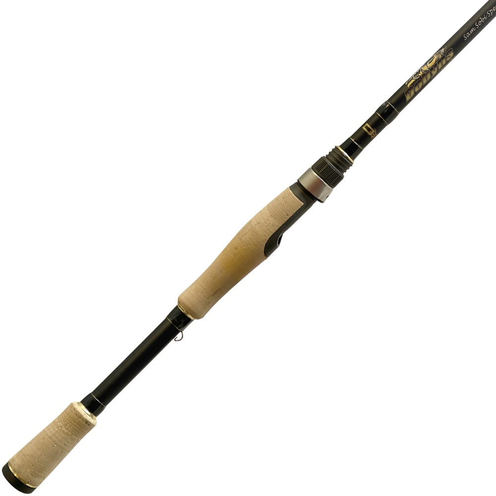 The Dobyns Sam Sobi Series Spinning Rod 7'2" Medium (SAM 723SF) is showcased diagonally against a white background, featuring a black body, light wood handle, visible reel seat, and guides for advanced fishing techniques.