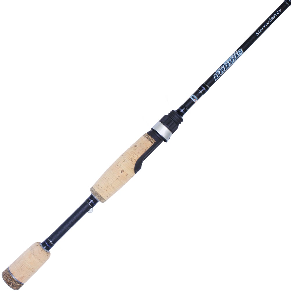 The Dobyns Sierra Trout and Panfish Series Spinning Rod 6'7" Ultra Light (STP 670SF) boasts a sleek black body with white text. Its cork handle offers a firm grip, and the rod tapers gracefully to a thin end, making it ideal for freshwater fishing adventures.