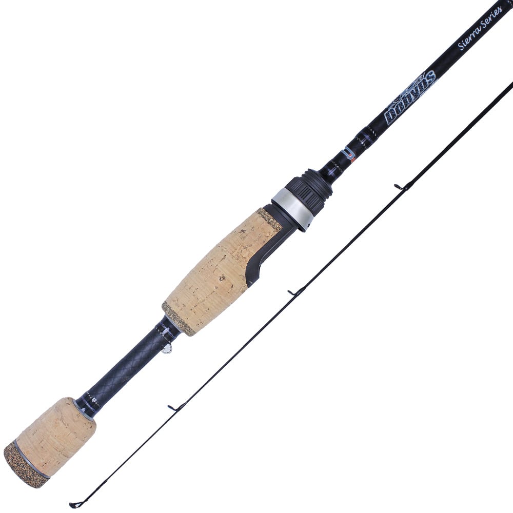 The Dobyns Sierra Trout and Panfish Series Spinning Rod, a 7'0" ultra-light two-piece by americanlegacyfishing, features a sleek black shaft branded with "Tomahawk." It includes a cork and metal handle, providing the perfect lightweight design for trout or panfish fishing.