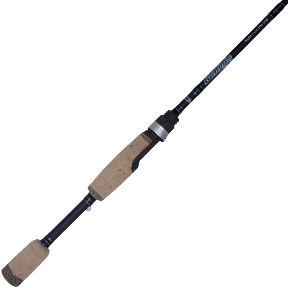 The Dobyns Sierra Trout and Panfish Series Spinning Rod 7'0" Ultra Light | STP 700SF by American Legacy Fishing features a cork handle, sleek black finish, comfort grip, and sturdy metal reel seat, elegantly displayed diagonally on a white background.