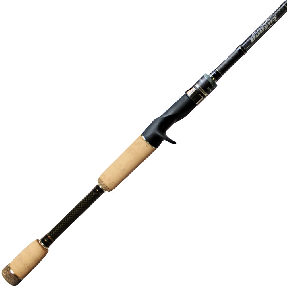 Introducing the Dobyns Xtasy 7'5" Mag Heavy Split Grip Casting Rod | DRX 755C SH, featuring a cork handle and sleek black reel seat with Fuji Torzite guides. Its carbon fiber-textured lower handle enhances its modern design.