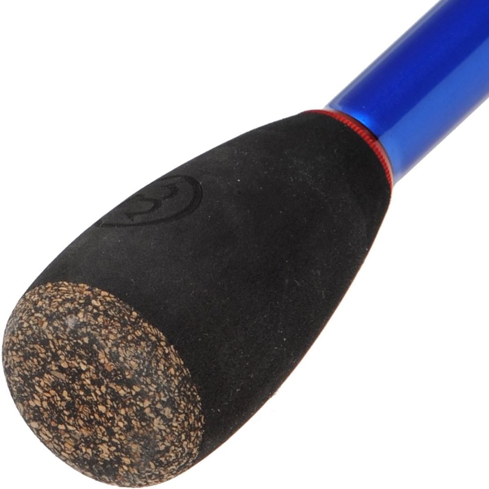 Close-up of a Duckett Jacob Wheeler Signature Series 7'2" Medium Heavy spinning rod handle, featuring a cork end, black grip, textured surface for control, metallic blue finish with red ring near the grip.