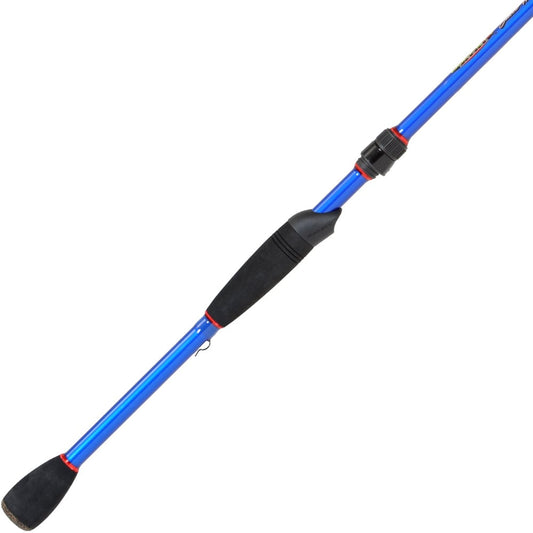 The Duckett Jacob Wheeler Signature Series Spinning Rod 7'2" Medium Heavy features a sleek blue design with black grips and a red accent ring near the reel seat, artfully positioned diagonally on a plain white background.