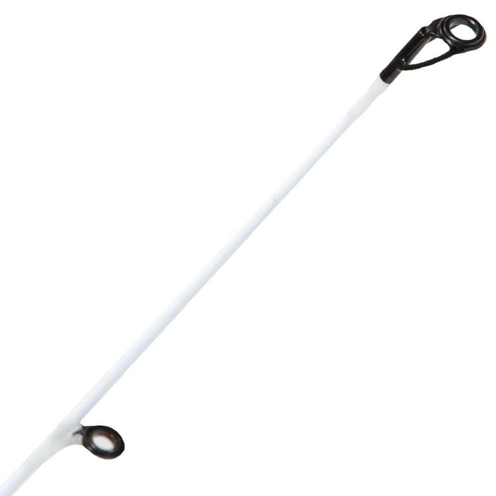 Close-up view of a white Duckett Jacob Wheeler Signature Series Spinning Rod 7'0" Medium tip with black guides and Sensi-Touch blanks, positioned diagonally against a white background.