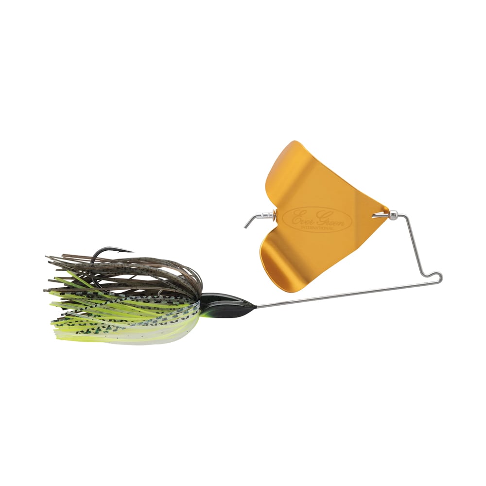 The Evergreen LB Buzzbait by Evergreen features a yellow spinner blade and a skirt in green, black, and white. With an aluminum prop, this lure is designed to effectively enhance fish attraction in the water.