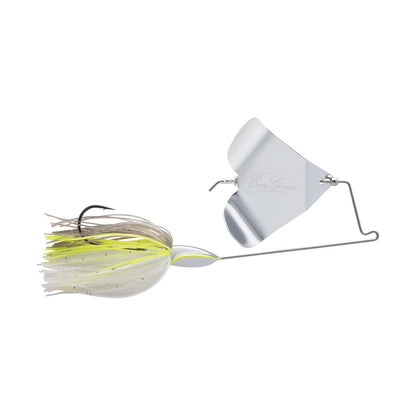 Introducing the Evergreen LB Buzzbait by Evergreen, a silver and yellow lure specifically crafted for attracting fish. It features a durable metal blade and a rubber skirt, both expertly attached to a bent wire to ensure optimal performance, along with an integrated hook for successful fishing adventures.