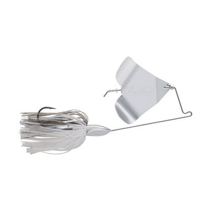 The Evergreen LB Buzzbait is expertly crafted for superior fish attraction, featuring a metallic spinner blade and a white fringed skirt. Its curved wire complements the single hook attached to the skirt, creating an irresistible appeal.