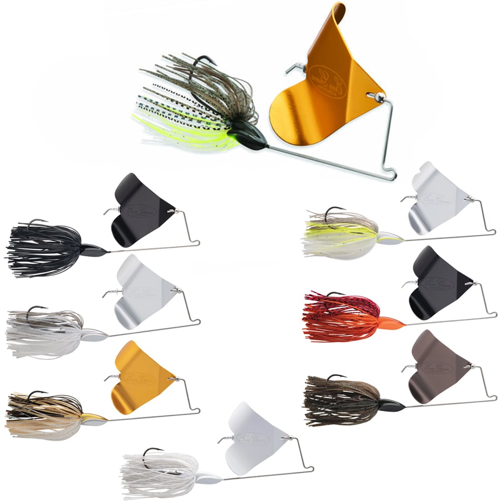 The Evergreen LB Buzzbait collection features an array of vibrant fishing lures adorned with metal blades and fringed skirts. Available in a variety of colors and patterns such as black, white, yellow, orange, and silver, these lures are meticulously designed for optimal fish attraction with diverse blade shapes and are elegantly displayed on a white background.