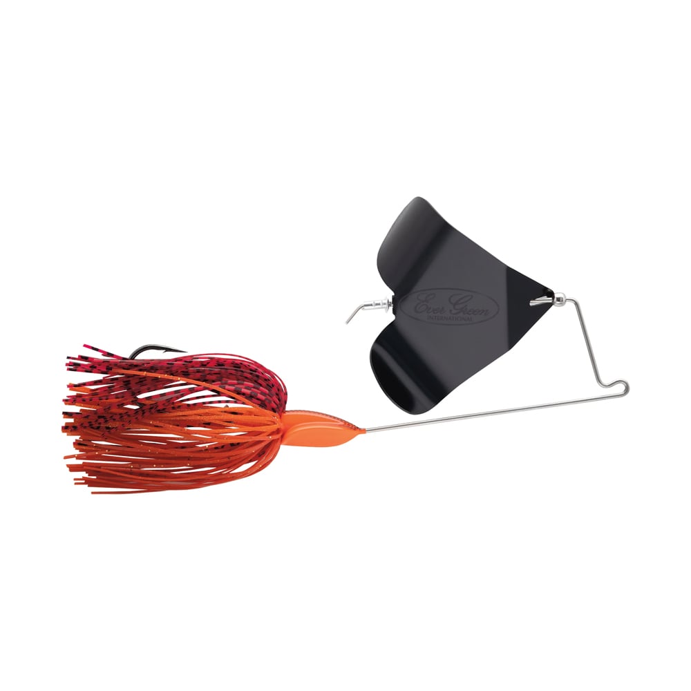 Introducing the Evergreen LB Buzzbait, a remarkable fishing lure in black and orange designed for ultimate fish attraction. Featuring an aluminum prop blade, a skirted tail with vibrant colored strands, and a durable metal wire frame, this buzzbait by Evergreen is crafted to entice even the most elusive catch.