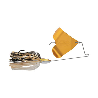 The Evergreen LB Buzzbait, featuring a gold color, includes an aluminum prop blade, wireframe, and fringed skirt for ultimate fish attraction. The propeller-like blade is paired with a skirt composed of black, gold, and white strands to entice even the wariest fish.