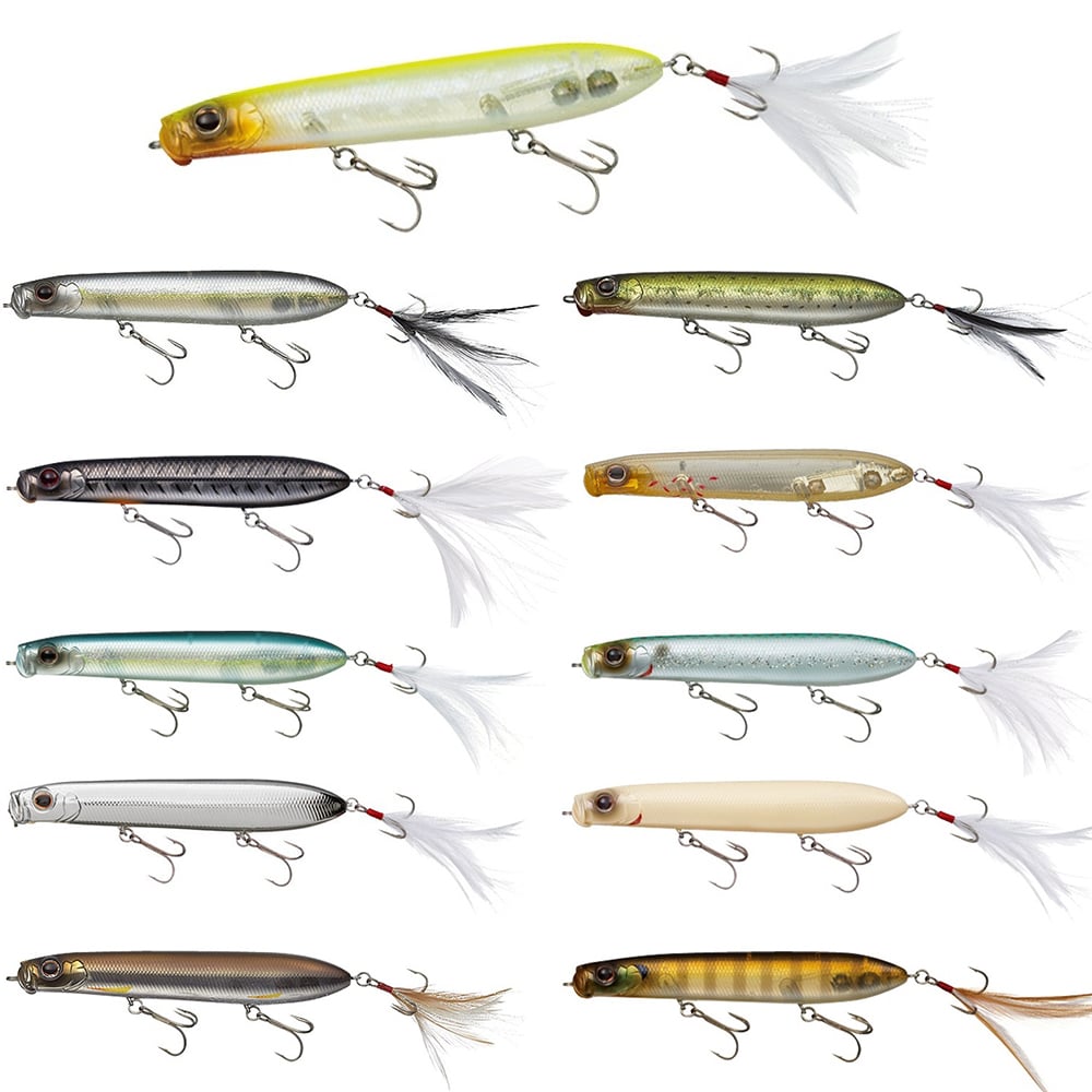 In two rows, various Evergreen SB-105 Topwater Baits are displayed, offering colors from yellow/green to silver/brown. Ideal for bass fishing, they include treble hooks and tail attachments for topwater action.