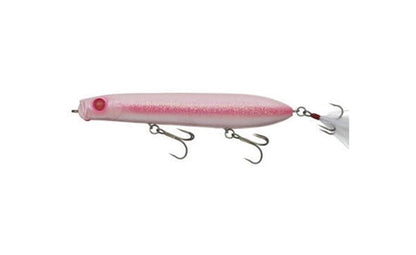 The Evergreen SB-105 Topwater Bait, crafted for bass fishing, features a pink cylindrical fish-like body with two treble hooks and a feathered tail hook. Its sparkly texture and striking red eye detail ensure it tantalizes any catch.