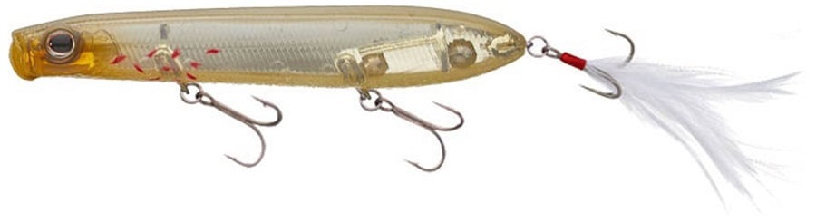 The Evergreen SB-105 Topwater Bait is a transparent bass fishing lure featuring a feathered tail with three metal hooks. It has a yellowish hue and red markings by the front hook that reveal internal parts, creating an enticing underwater allure.