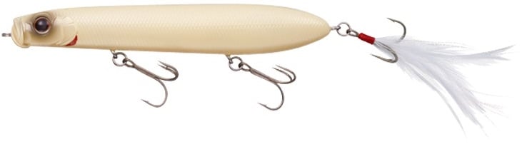 The Evergreen SB-105 Topwater Bait, in beige, features two treble hooks on the bottom. It includes a realistic fish-eye design and a white feathered tail with another treble hook, ideal for bass fishing enthusiasts.