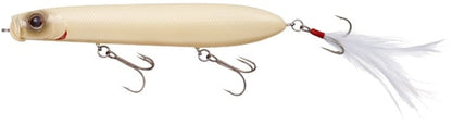 The Evergreen SB-105 Topwater Bait, in beige, features two treble hooks on the bottom. It includes a realistic fish-eye design and a white feathered tail with another treble hook, ideal for bass fishing enthusiasts.