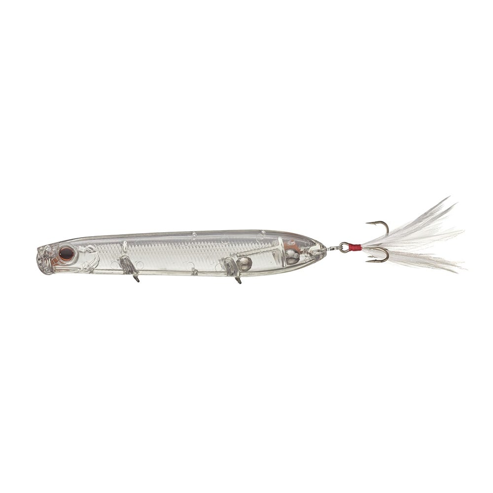 The Evergreen SB-105 Topwater Bait is a transparent lure designed for bass fishing, fish-shaped with internal metal balls. It includes a feathered treble hook at the tail and two below, with textured scales for realism.