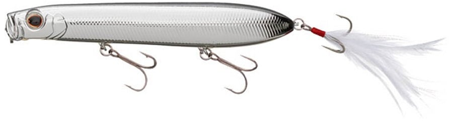 The Evergreen SB-105 Topwater Bait, a shiny silver lure for bass fishing, has two treble hooks underneath and one with a feathered tail. Shaped like a small fish with detailed eye design near the head, it’s perfect for enticing your next big catch.