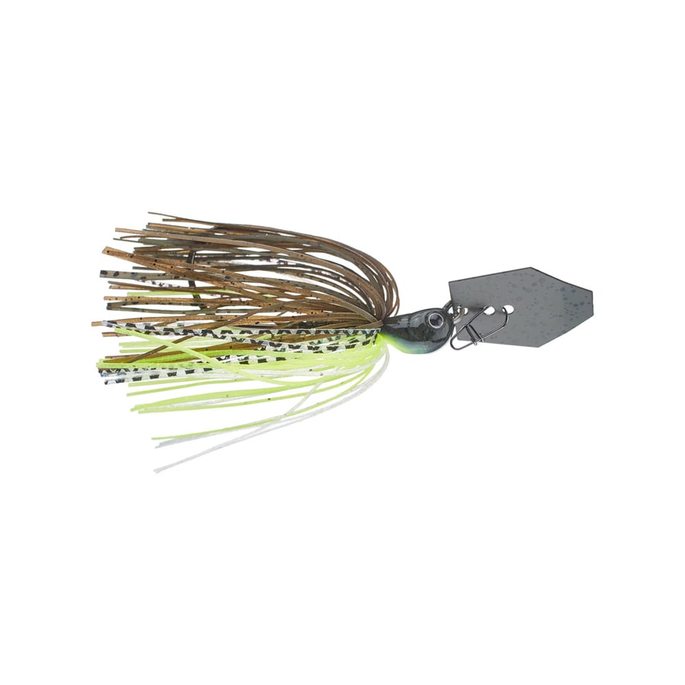 The Z-Man Jack Hammer Chatterbait, incorporating Brett Hite's expertise, features a silver hexagonal blade and a green and brown skirt with black specks. The tasseled skirt consists of multiple thin strands that enhance the metallic body, which is marked by a bold black eye.